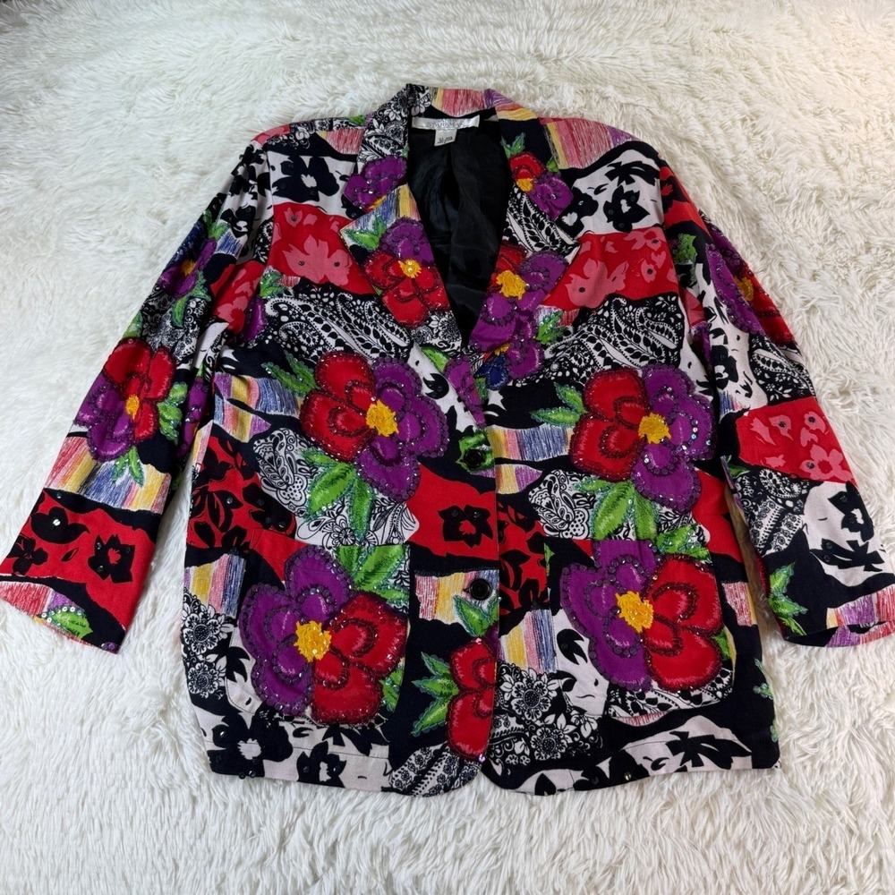 Vintage Sandy Starkman Sequin Floral‎ Patchwork Blazer Jacket Size Medium Retro